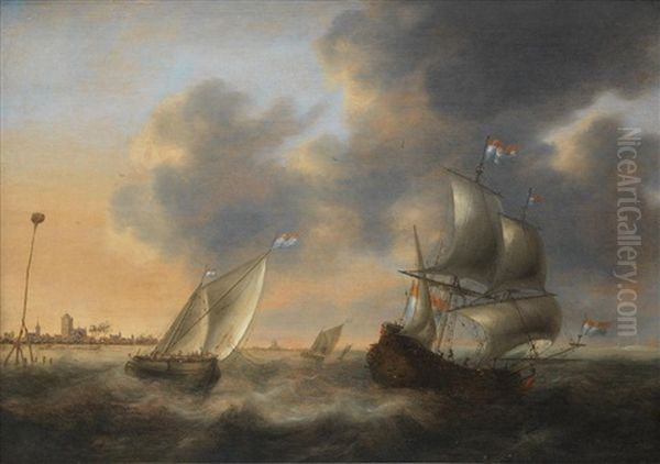 A Dutch Man-o'war And A Smalschip Off The Low Countries Oil Painting by Jacob Adriaenz. Bellevois