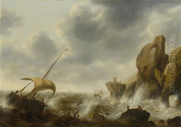 Marine With A Ship In A Storm Near The Coast Oil Painting by Jacob Adriaenz. Bellevois