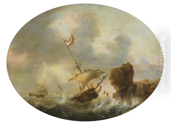 Shipping In A Rough Sea Oil Painting by Jacob Adriaenz. Bellevois