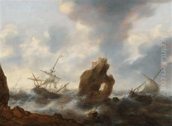 A Rocky Coast With Ships In A Stormy Sea by Jacob Adriaenz. Bellevois