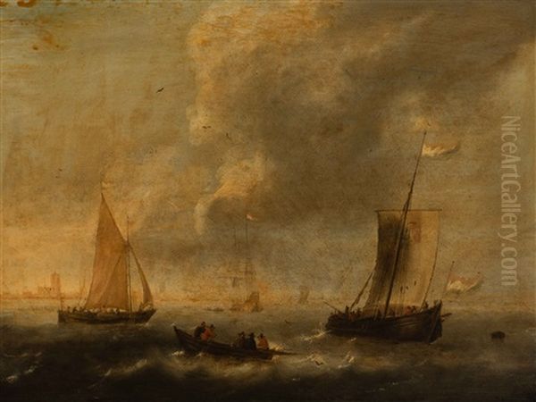 Ships Near The Coast, A City In The Background by Jacob Adriaenz. Bellevois