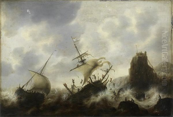 Ships Foundering In Rough Seas Off A Rocky Coastline Oil Painting by Jacob Adriaenz. Bellevois