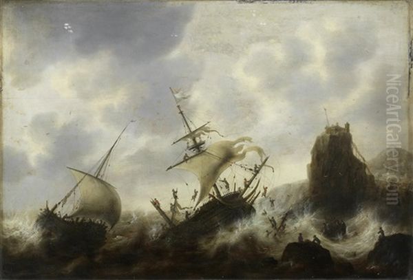 Ships Foundering In Rough Seas Off A Rocky Coastline Oil Painting by Jacob Adriaenz. Bellevois