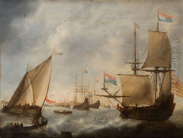 Navires Hollandais Devant Amsterdam Oil Painting by Jacob Adriaenz. Bellevois