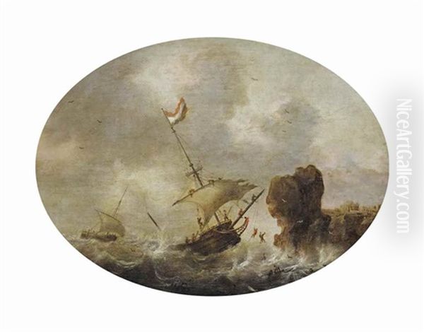 Stormy Seas With A Dutch Shipwreck Near A Rocky Coast by Jacob Adriaenz. Bellevois