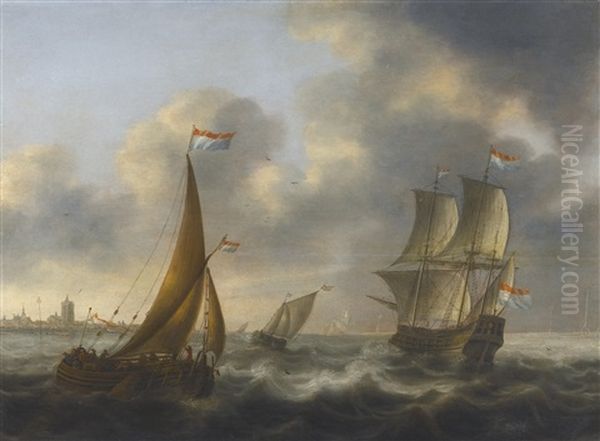 A Merchant-man, An Admiral's Barge And Other Small Ships In Choppy Waters Oil Painting by Jacob Adriaenz. Bellevois