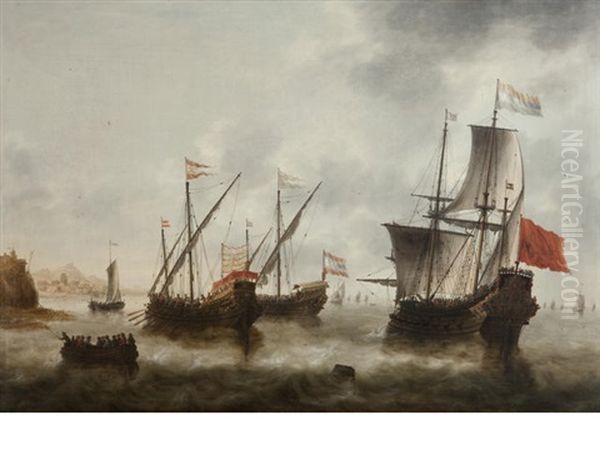 Shipping Off A Southern Coast Oil Painting by Jacob Adriaenz. Bellevois