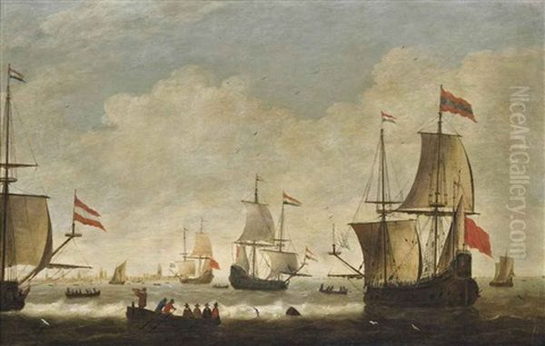 The Dutch Fleet Getting Underway From Their Anchorage Off Amsterdam Oil Painting by Jacob Adriaenz. Bellevois