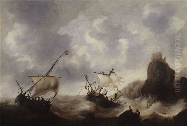 A Shipwreck In A Stormy Sea Oil Painting by Jacob Adriaenz. Bellevois