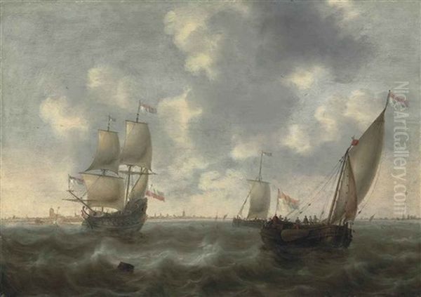 A Dutch Man-of-war And Other Shipping In Choppy Waters, Off The Coast Of Dordrecht Oil Painting by Jacob Adriaenz. Bellevois