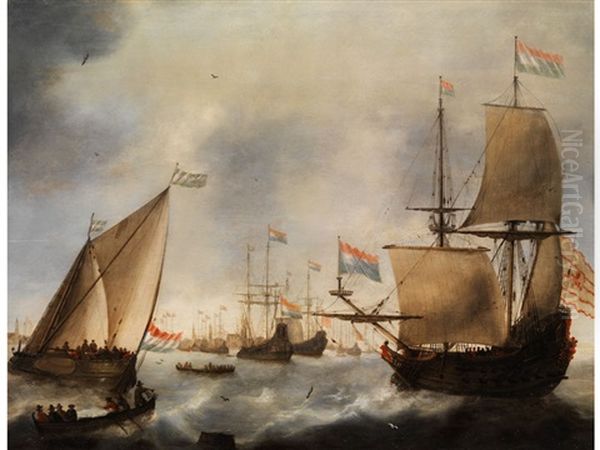 Segelschiffe Im Hafen Von Amsterdam by Jacob Adriaenz. Bellevois