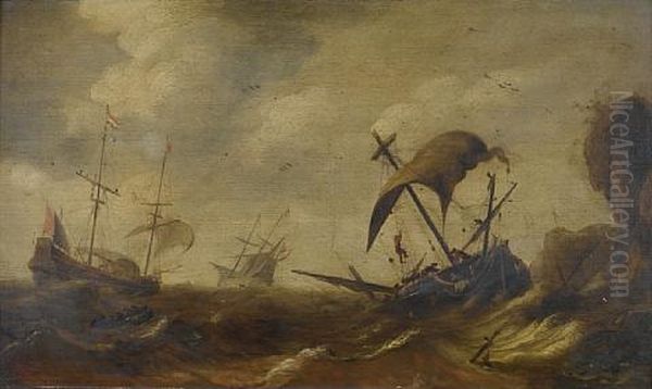 Dutch Shipping Foundering In Stormy Seas Off A Rocky Coastline Oil Painting by Jacob Adriaenz. Bellevois