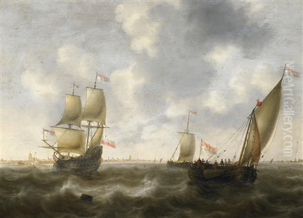 Schiffe Auf Dem Wasser Vor Einer Hollandischen Stadt Oil Painting by Jacob Adriaenz. Bellevois