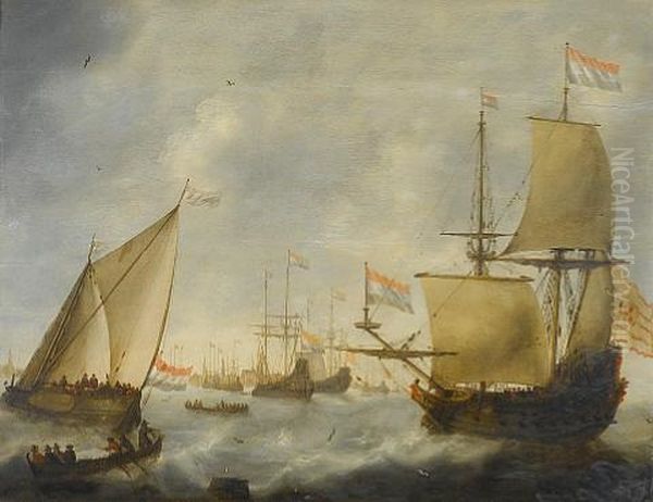 Dutch Shipping In Choppy Seas Oil Painting by Jacob Adriaenz. Bellevois