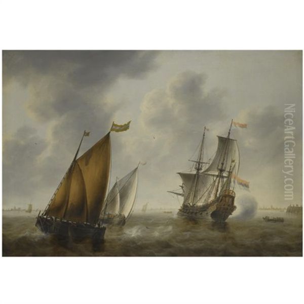 Shipping In A Breeze Off The Dutch Coast Oil Painting by Jacob Adriaenz. Bellevois