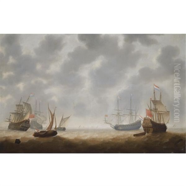 Four Galley Frigates And Two Smallships In Choppy Seas, Shipping At The Horizon Oil Painting by Jacob Adriaenz. Bellevois