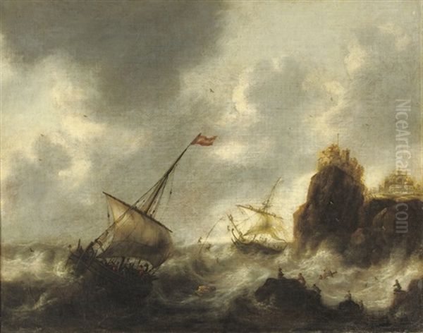 Sailing Vessels In Distress Near A Rocky Coast Oil Painting by Jacob Adriaenz. Bellevois