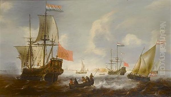 Dutch Frigates And Fishing Boats Off The Coast Of Vlissingen Oil Painting by Jacob Adriaenz. Bellevois