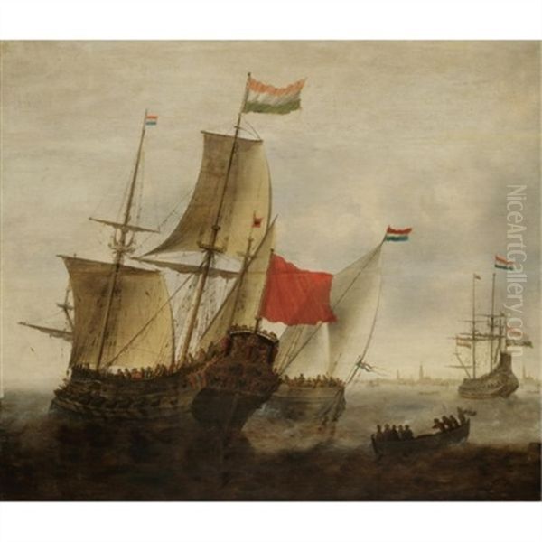 A Dutch Man-of-war And Merchantmen Off Amsterdam Oil Painting by Jacob Adriaenz. Bellevois