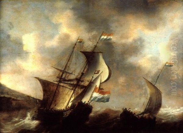 Scene De Tempete Avec Un Trois Mats Et Une Barque De Peche Oil Painting by Jacob Adriaenz. Bellevois