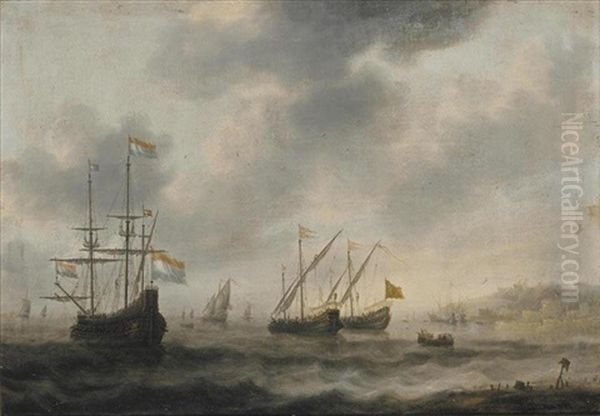 The Dutch Flagship De Roode Leeuw And Two English Vessels Together With Other Shipping And Rowing Boats Before The Harbour Of Gibraltar by Jacob Adriaenz. Bellevois