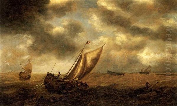 Segelschiffe Auf Rauher See Oil Painting by Jacob Adriaenz. Bellevois