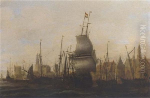 Three Masters And Other Vessels Moored At A Quay Oil Painting by Jacob Adriaenz. Bellevois