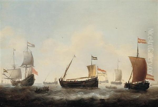 Dutch Herring Fleet With A Merchantman In A Light Swell Oil Painting by Jacob Adriaenz. Bellevois