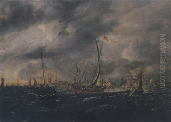 Shipping On The Merwede, Dordrecht In The Distance Oil Painting by Jacob Adriaenz. Bellevois