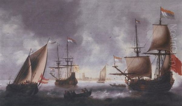 A Large Flute, A Boeier And Other Shipping Under Sail And At Anchor On The Merwede, Dordrecht In The Distance Oil Painting by Jacob Adriaenz. Bellevois