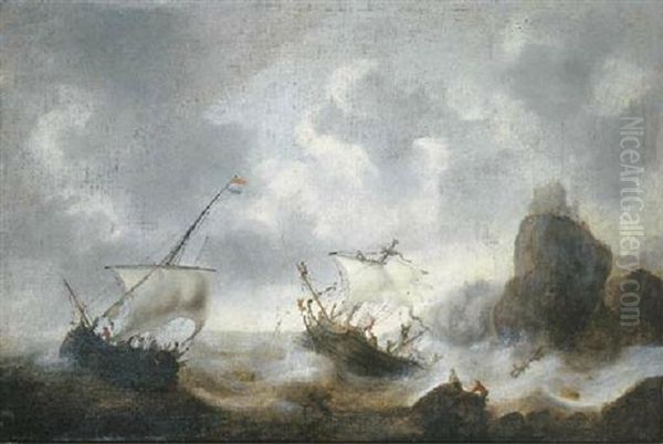 A Coastal Landscape With Frigates Off The Coast In A Storm Oil Painting by Jacob Adriaenz. Bellevois