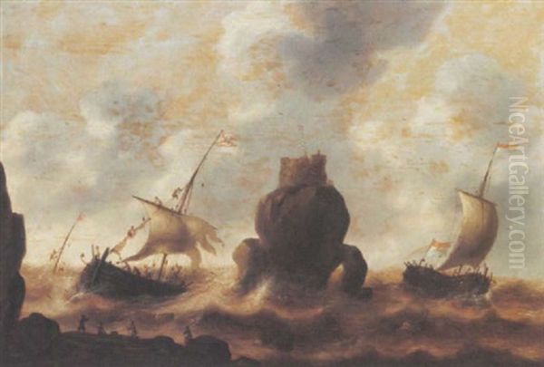 Stormy Seas With A Shipwreck And Fishermen In The Foreground Oil Painting by Jacob Adriaenz. Bellevois