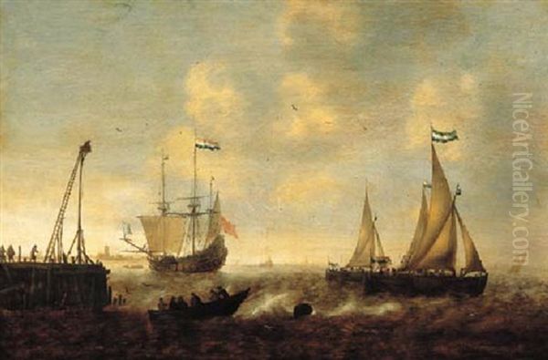 Smallships, A Threemaster And A Pink On A River By A Jetty In A Stiff Breeze, A Town In The Distance Oil Painting by Jacob Adriaenz. Bellevois