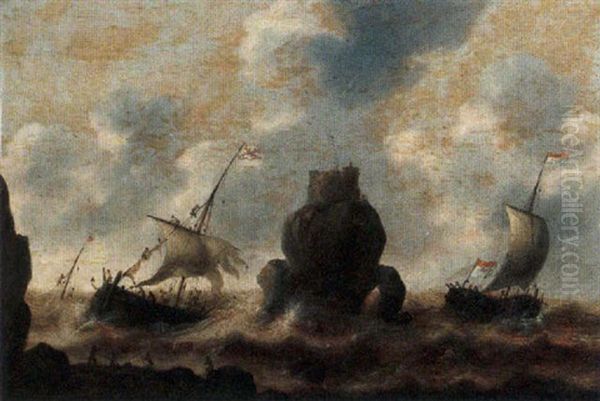 Stormy Seas With A Shipwreck And Fishermen In The Foreground Oil Painting by Jacob Adriaenz. Bellevois