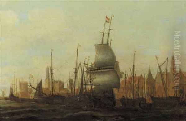 Threemasters And Other Vessels Moored At A Quay Oil Painting by Jacob Adriaenz. Bellevois