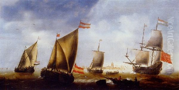 Navire De Haut Bord, Barques Et Voilliers Sous Le Vent Devant Une Ville Oil Painting by Jacob Adriaenz. Bellevois