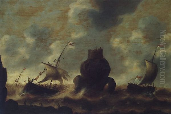 Stormy Seas With A Shipwreck And Fishermen In The Foreground Oil Painting by Jacob Adriaenz. Bellevois