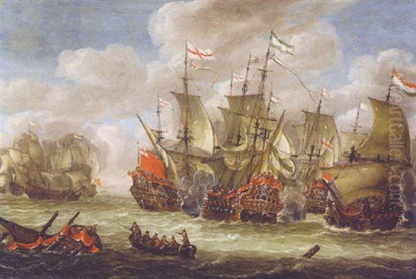 A Naval Battle Between The English And Dutch Fleets Oil Painting by Jacob Adriaenz. Bellevois