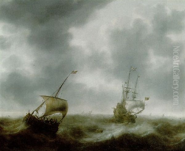 A Dutch Merchantman, A Pink And Other Shipping In Rough Seas Oil Painting by Jacob Adriaenz. Bellevois