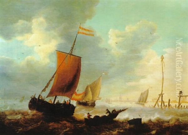 Boote Auf Bewegter See, Im Hintergrund Die Stadt Zierikzee Mit Montertoren Oil Painting by Jacob Adriaenz. Bellevois