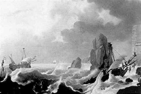 Sailors Escaping From A Wreck By A Rocky Shore Oil Painting by Jacob Adriaenz. Bellevois