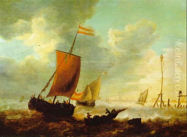 Boote Auf Bewegter See, Im Hintergrund Die Stadt Zierikzee Mit Montertoren Oil Painting by Jacob Adriaenz. Bellevois