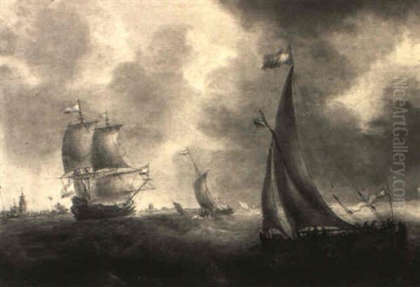 Dutch Frigates And Fishing Smacks Offshore In Stormy Waters Oil Painting by Jacob Adriaenz. Bellevois