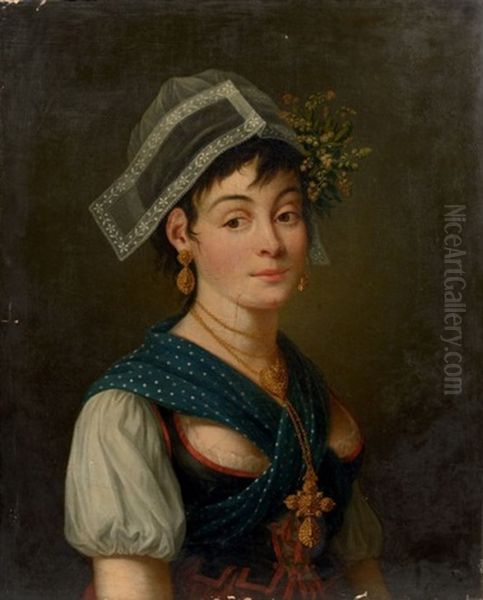 Portrait De Jeune Fille En Costume Normand Oil Painting by Jean-Francois-Marie Bellier