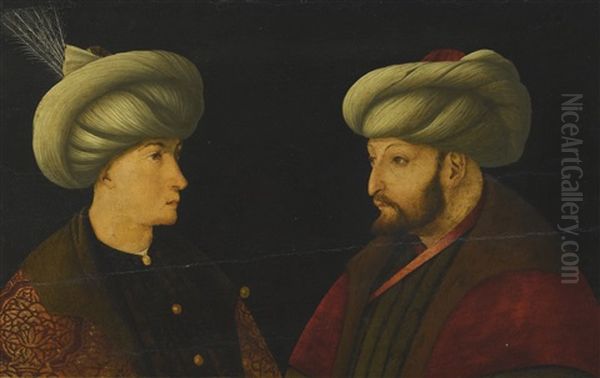 Portrait Of Sultan Mehmed Ii With A Young Dignitary Oil Painting by Gentile Bellini