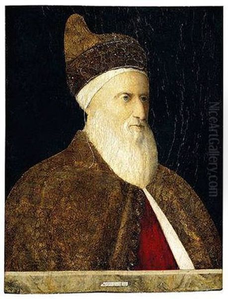 Portrait Of Doge Agostino Barbarigo Behind A Marble Parapet Wearing Robes Of Gold Brocade And The Ducal Cap Oil Painting by Gentile Bellini