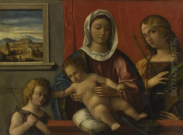 The Madonna And Child With The Infant Saint John The Baptist And Saint Catherine Of Alexandria Behind A Ledge, A Window Onto A Landscape In The Background Oil Painting by Giovanni Bellini