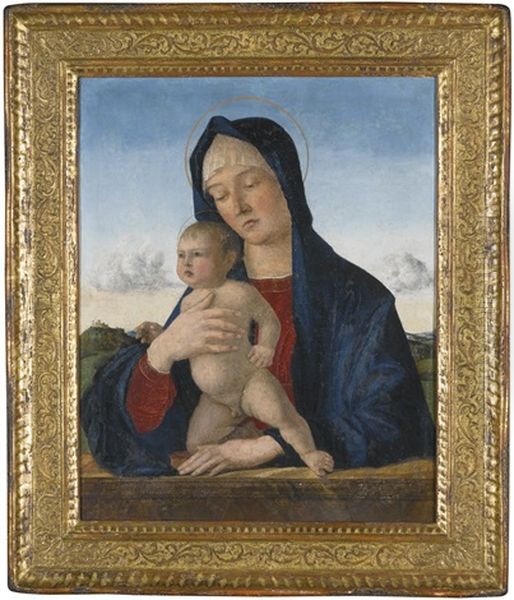 The Madonna And Child, Half-length, Against A Parapet, With A Landscape Behind Oil Painting by Giovanni Bellini