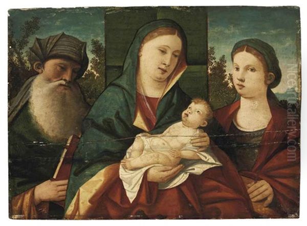 The Madonna And Child With Saint Anthony Abbot And Saint Catherine, In A Landscape Oil Painting by Giovanni Bellini