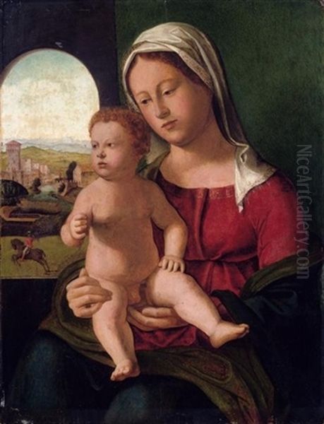 Maria Mit Kind, Im Hintergrund Blick In Hugelige Landschaft Oil Painting by Giovanni Bellini